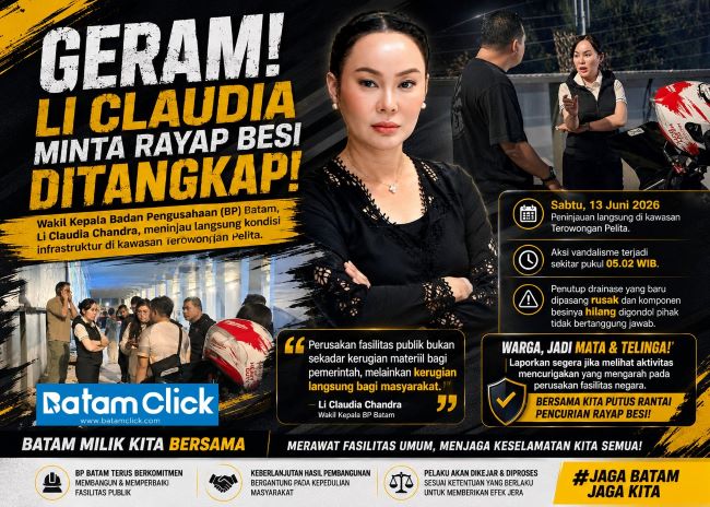Rayap besi kembali beraksi di Terowongan Pelita. Wakil Kepala BP Batam Li Claudia Chandra turun langsung ke lokasi dan meminta pelaku pencurian penutup drainase segera ditindak tegas.