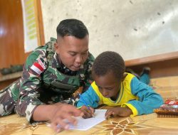 Satgas Yonif 136/Tuah Sakti Salurkan Donasi untuk  Anak-Anak paud Maranatha Di Kampung Kota mulia, Wujud Nyata Kepedulian TNI kepada Masyarakat