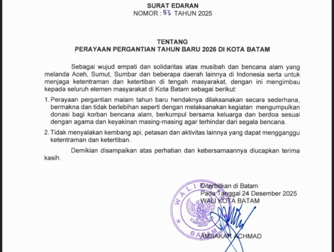 Edaran Walikota Batam untuk Malam Tahun Baru
