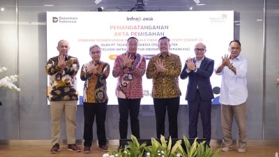 (kiri ke kanan) Komisaris Utama InfraNexia Wayan Toni Supriyanto, Koordinator Direktorat Peningkatan Nilai BUMN Keuangan, Telekomunikasi dan Jasa Badan Pengaturan BUMN Wawan C. Anwar, Direktur Utama Telkom Nanang Hendarno, Direktur Utama InfraNexia Lukman Hakim Abd. Rauf, ??Managing Director Business 2 PT Danantara Asset Management Setyanto Hantoro, dan Komisaris Telkom Rizal Mallarangeng usai prosesi penandatanganan akta pemisahan (deed of spin-off) oleh Telkom dan Infranexia, Rabu (30/9).